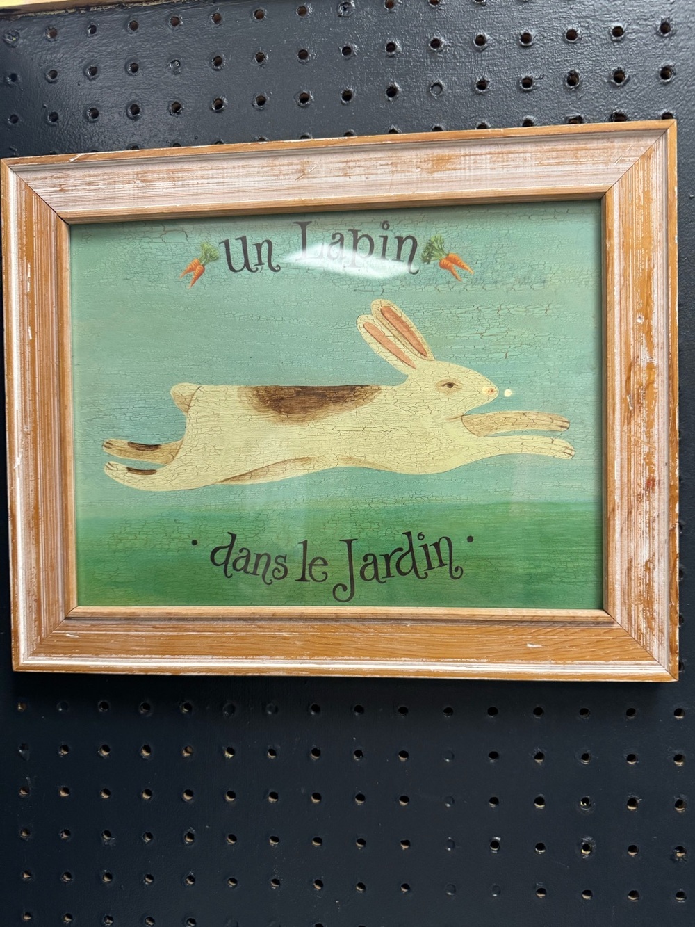 Framed Bunny Rabbit Un Lapin Dans Le Jardin Distressed Primitive Style Folk Art